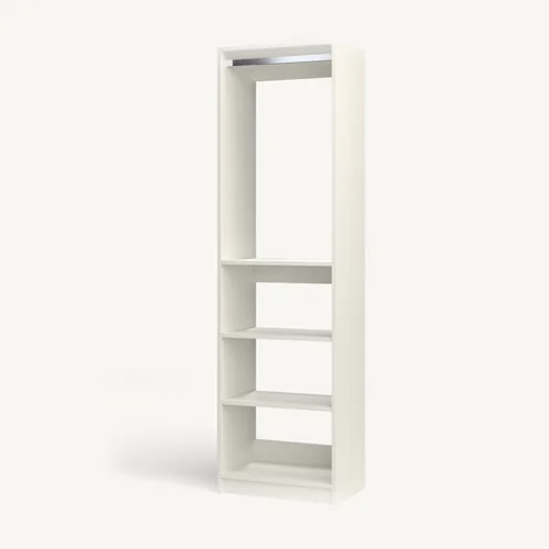 Rod over Shelves reach-in closet module, 16" deep with an open front. 24" wide in Classic White with chrome hardware