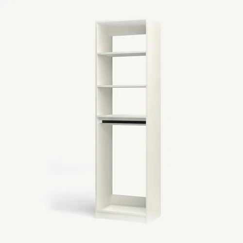 Shelves over Rod reach-in closet module, 16" deep with an open front. 24" wide in Classic White with chrome hardware
