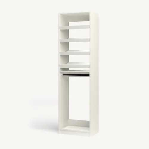 Shoe Storage over Rod reach-in closet module, 16" deep with an open front. 24" wide in Classic White with chrome hardware