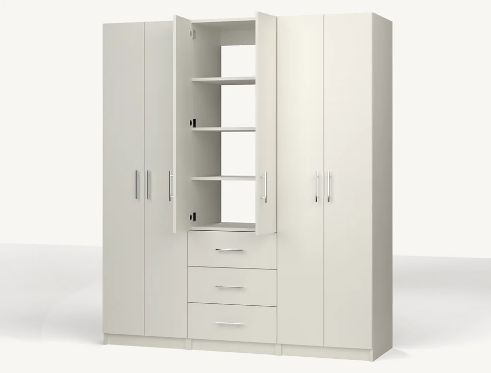 A run of wardrobe cabinets in Classic White, one with its doors open