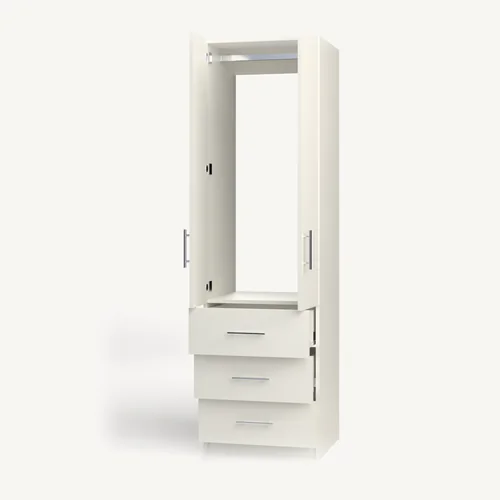 Rod over 3 Drawer wardrobe cabinet, 22" deep, shown with its slab doors open. 24" wide in Classic White with chrome hardware