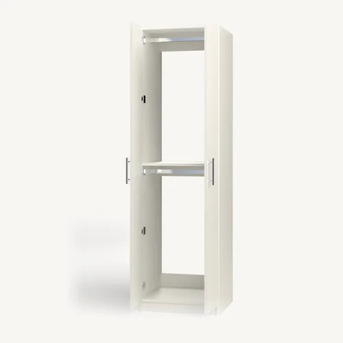 Rod over Rod wardrobe cabinet, 22" deep, shown with its slab doors open. 24" wide in Classic White with chrome hardware