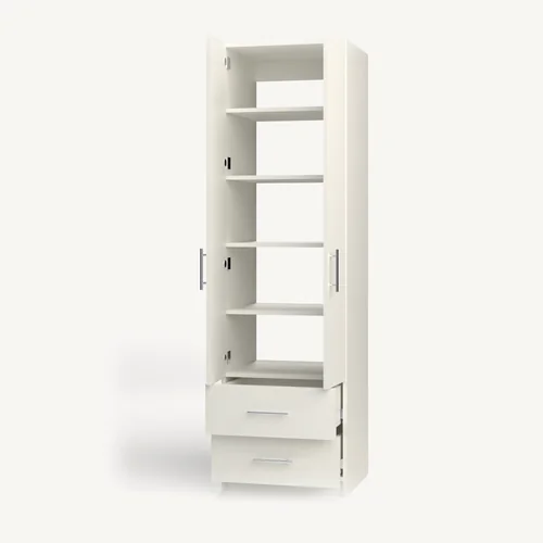Shelves over 2 Drawer wardrobe cabinet, 22" deep, shown with its slab doors open. 24" wide in Classic White with chrome hardware