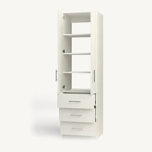 Shelves over 3 Drawer wardrobe cabinet, 22" deep, shown with its slab doors open. 24" wide in Classic White with chrome hardware